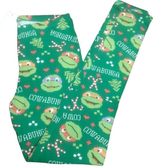 Teenage Mutant Ninja Turtles Size L Juniors Christmas Cowabunga Green Leggings - Picture 2 of 6